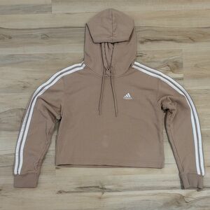 Adidas Beige Cropped Women Hoodie with White Stripes Small